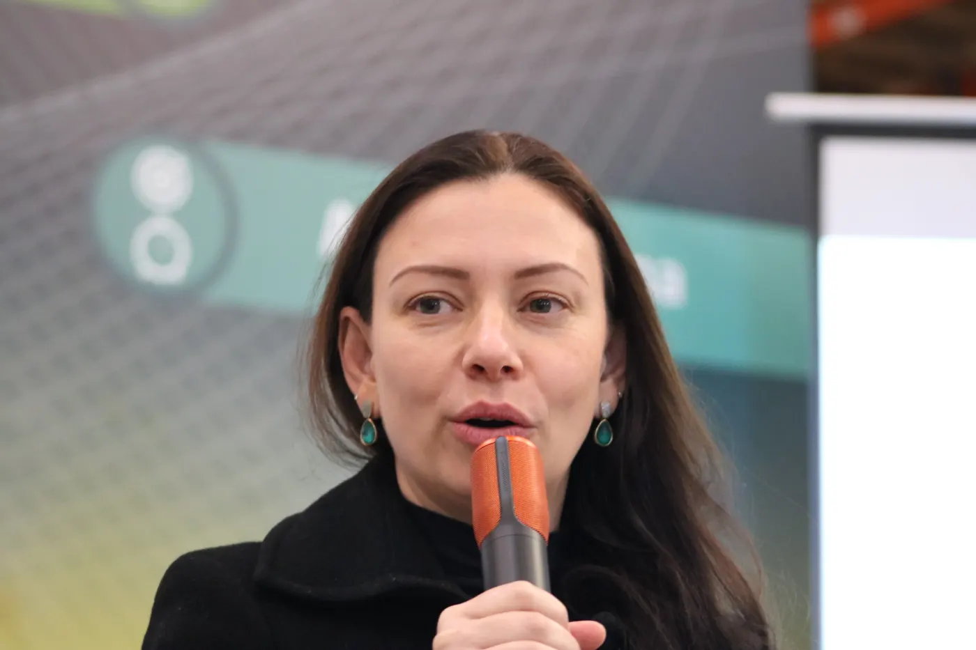 Sabrina Zenithara ao microfone em palestra corporativa
